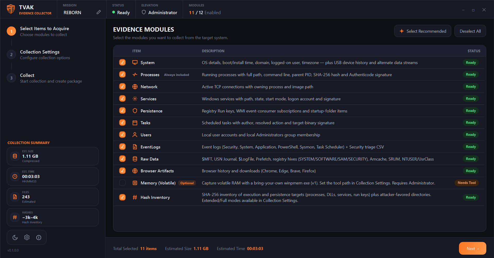 Step 1 - Select Evidence Modules