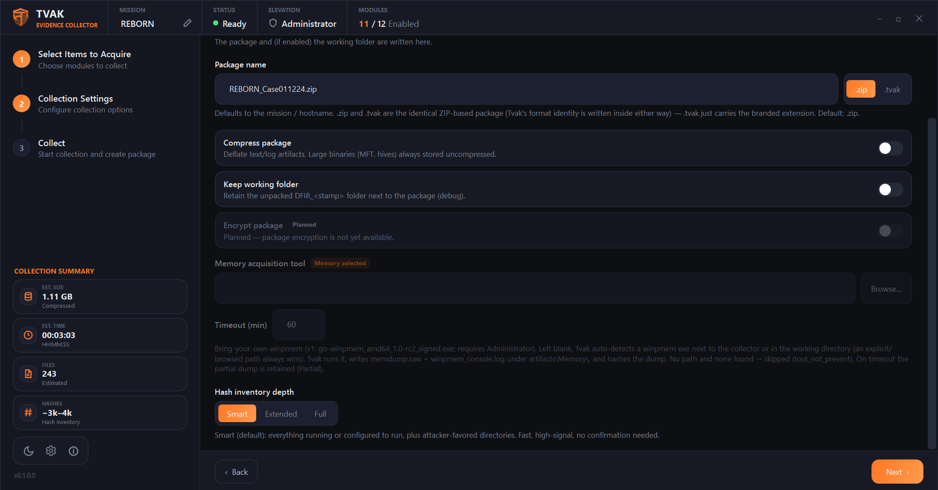 Step 2 - Hash Inventory depth and other options